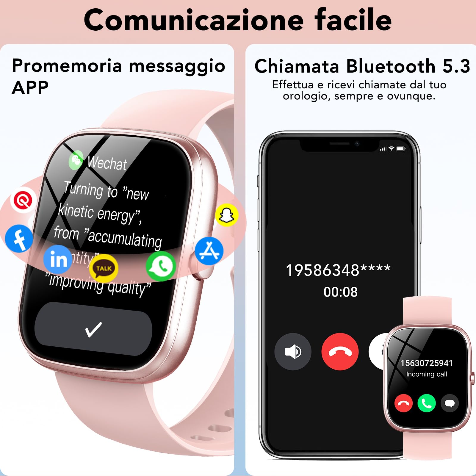 Smartwatch Uomo Donna, 1.91" Orologio Smartwatch con Effettua/Risposta Chiamate 110+ Sportive Smart Watch con Sonno/Cardiofrequenzimetro/Contapassi, Impermeabile IP68, Fitness Tracker per Android Rosa