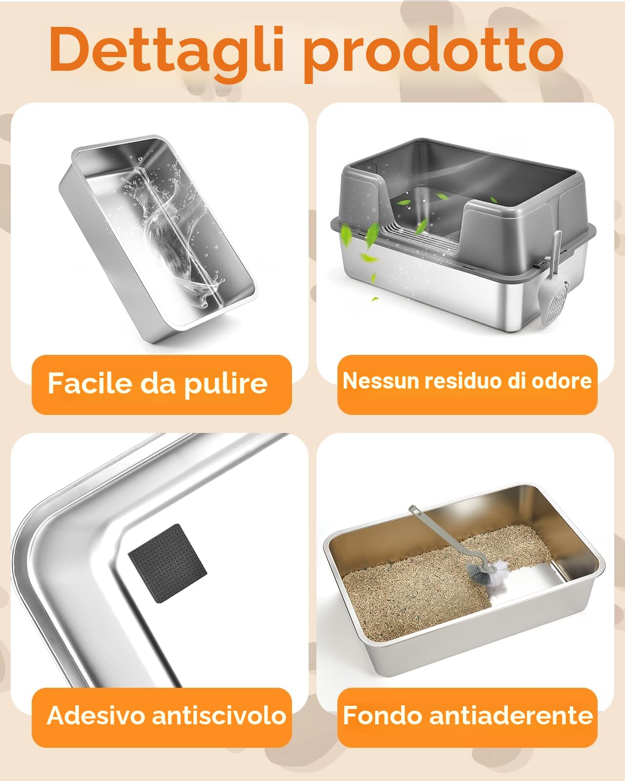 Papettly Lettiera Acciaio Inox - Lettiera in Acciaio per Gatti XXL con Lati Alti，60x40x31 cm Lettiere Gatto Acciaio Inox con Tappetino per Lettiere，Paletta，Spazzola，Facile da Pulire，Non Appiccicosa