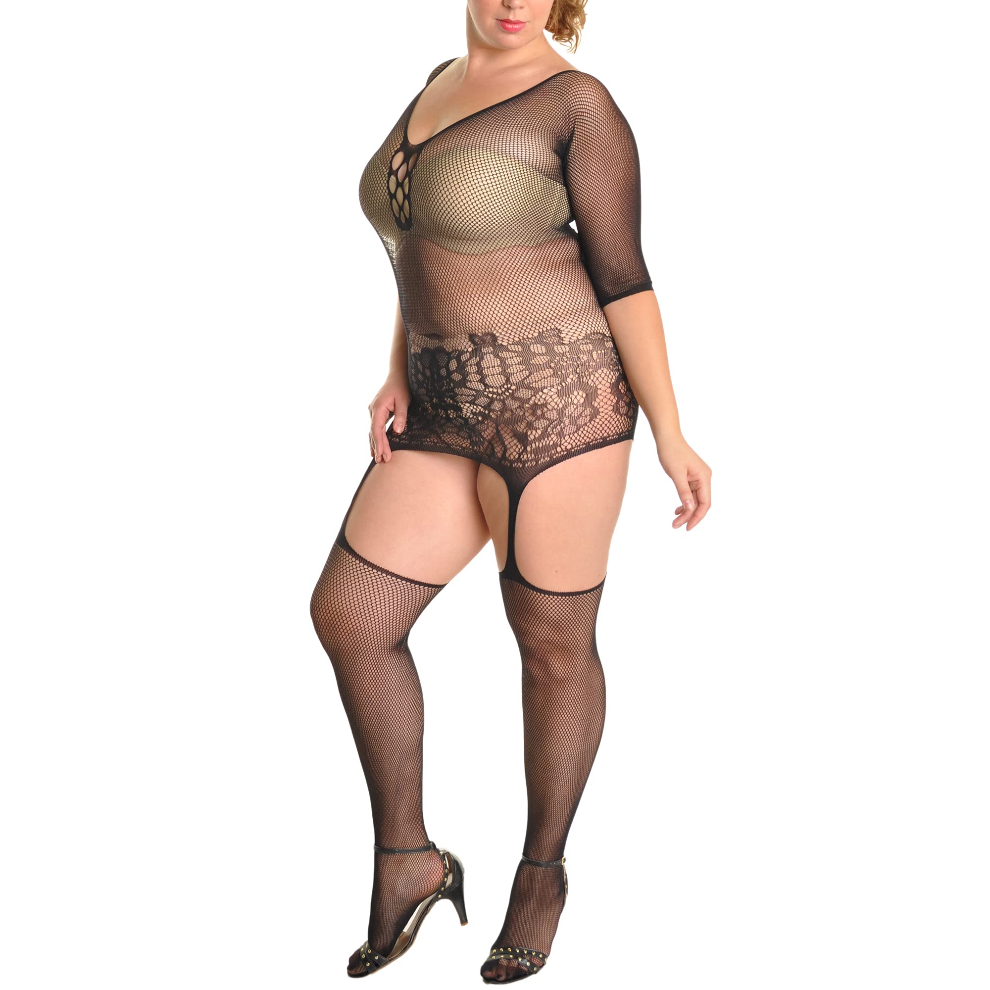 Angelina Three Quarter Sleeve Fishnet Bodystocking with Open Crotch, #70308