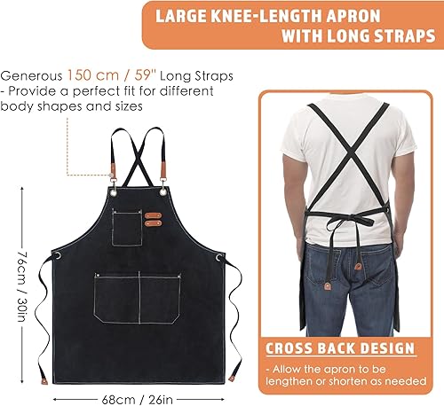 Miniatura 2 de kilofly Delantal de trabajo para hombres y mujeres, lazos extra largos, lona de algodón, resistente a la parrilla