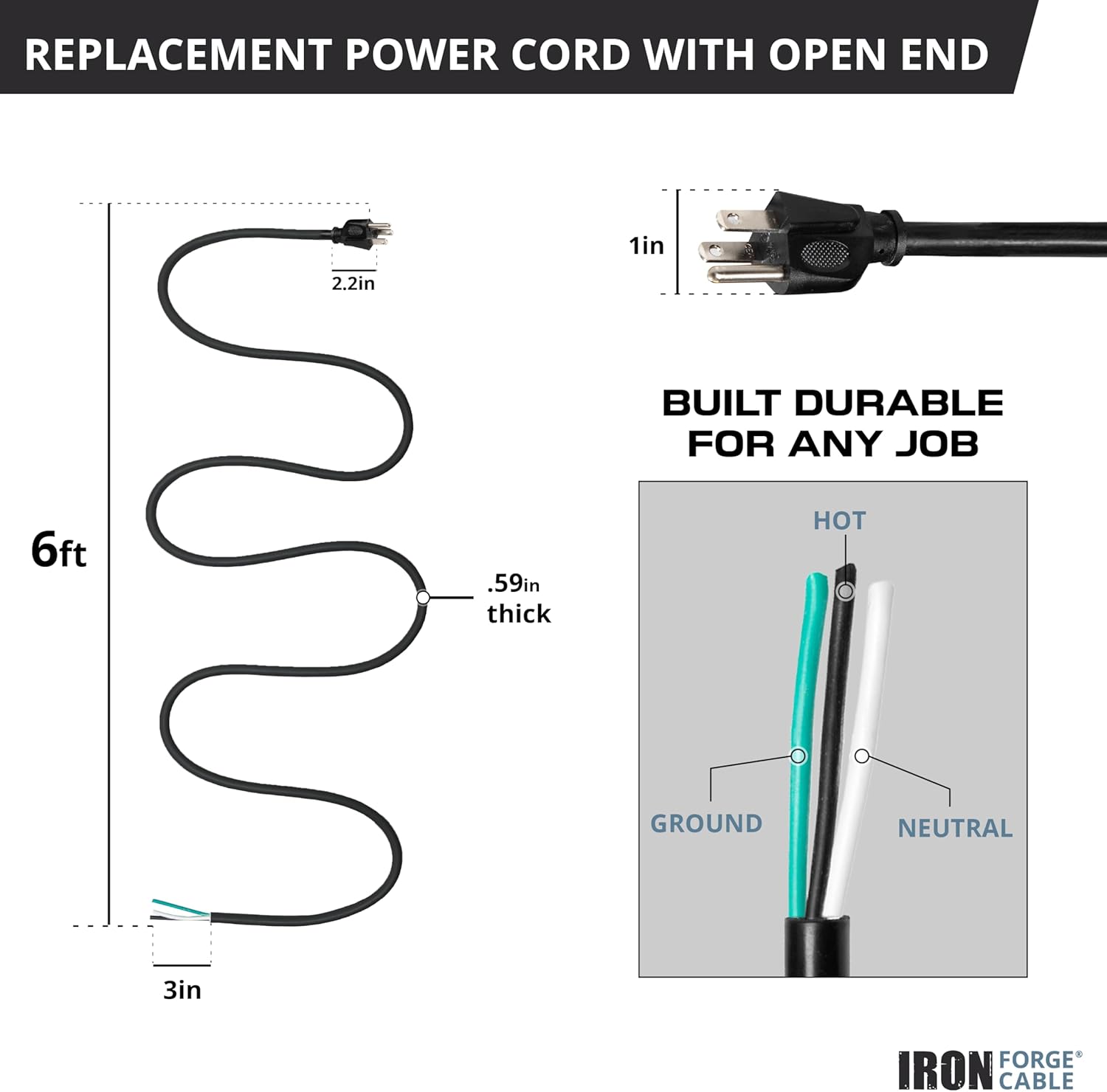 Iron Forge Cable 10 Gauge Power Cord Replacement - 6ft,15 Amp Black Heavy Duty, 10/3 SJT 3 Prong Cable - for Appliances & Power Tools, NEMA 5-15P