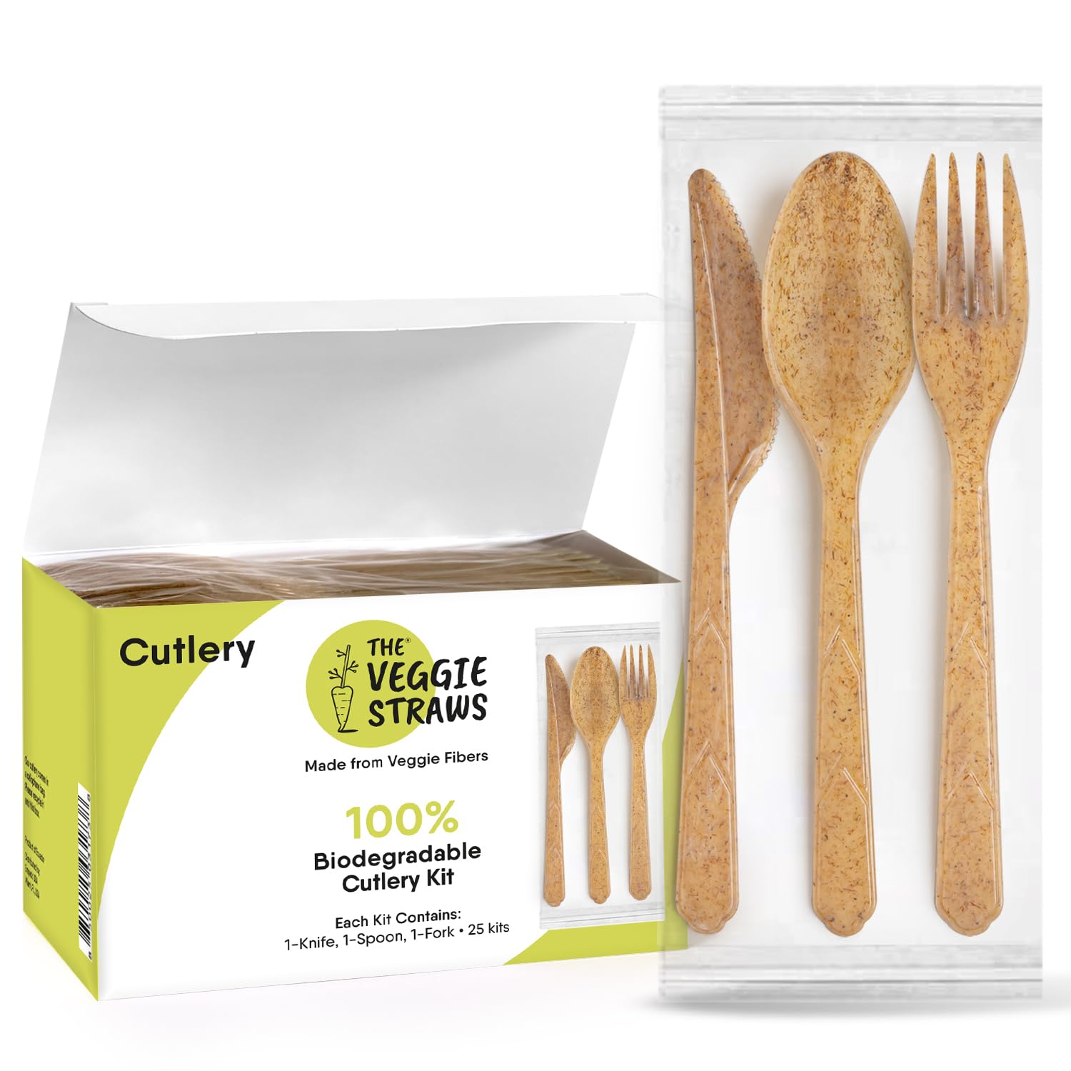 Biodegradable Cutlery Kit Made from Vegetable Fibers – 25 Sets (Fork, Spoon, Knife, 6.7”) – Heavy-Duty, Splinter-Free, Eco-Friendly, On-the-Go Sustainable Utensils by The Veggie Straws