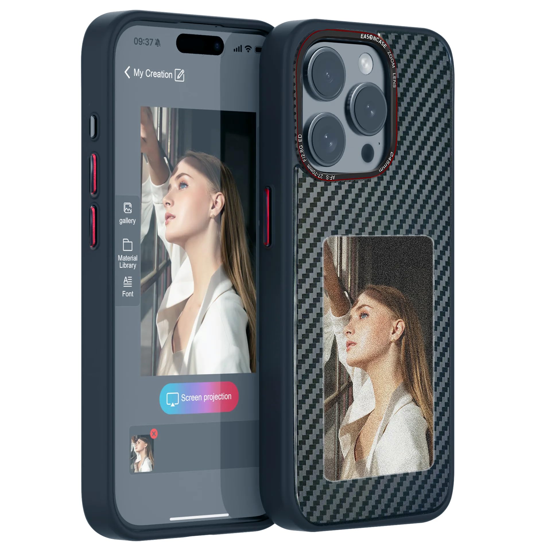 MIMELON Smart E Ink Case compatible with Iphone 15 pro max & 15 Pro, 4 Color Photo Ink Cover for iphone 15 pro max with Anti-Scratch and Shock-Resistant Features (Carbon Fiber Style, 15 Pro Max)