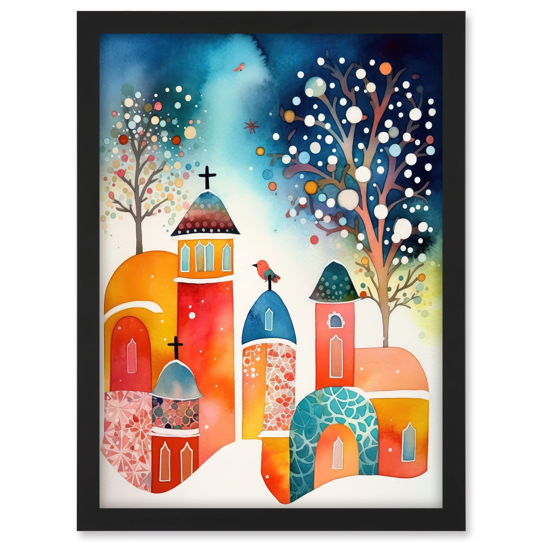 Artery8 Winter Churchyard Snowfall Trees Folk Art Artwork Framed A3 Wall Art Print