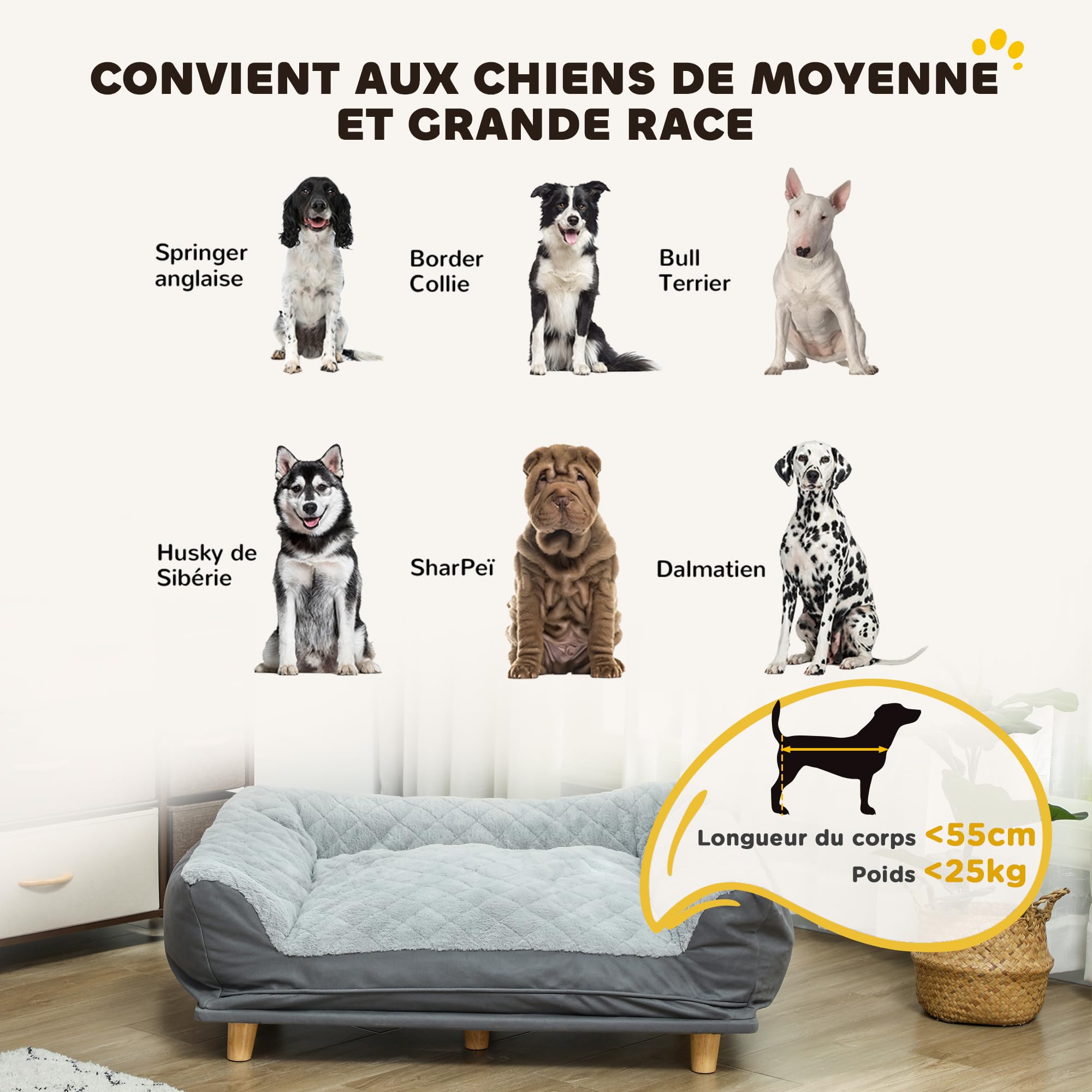 PawHut Canapé pour Chien Fauteuil Chien Housse Amovible Lavable Pieds Bois Pin Patins Antidérapants 100 x 70 x 30 cm Gris