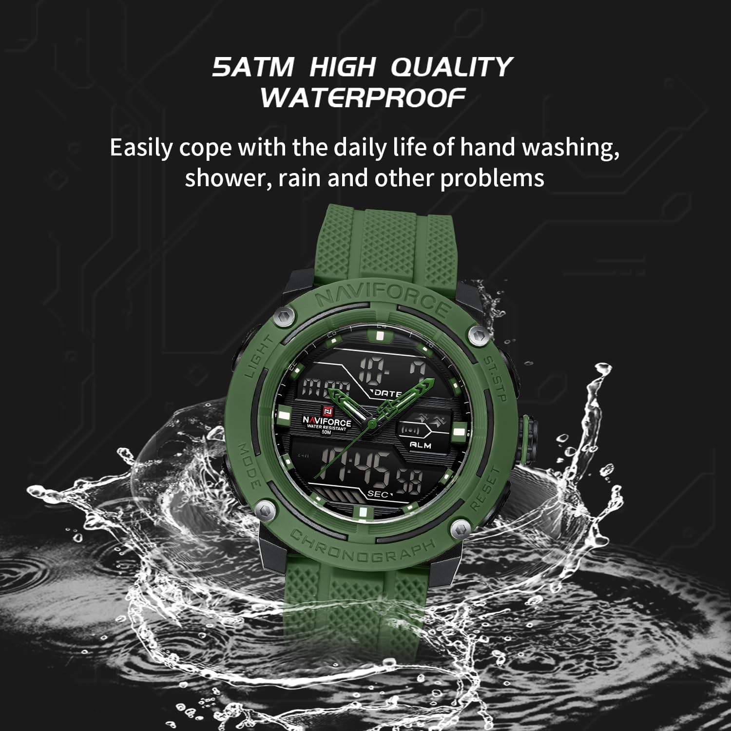 NAVIFORCE 5ATM Waterproof Sport Watches for Men Silicone Band Quartz Analog Digital Alarm Clock Chronograph Luminous Wristwatch - Image 7