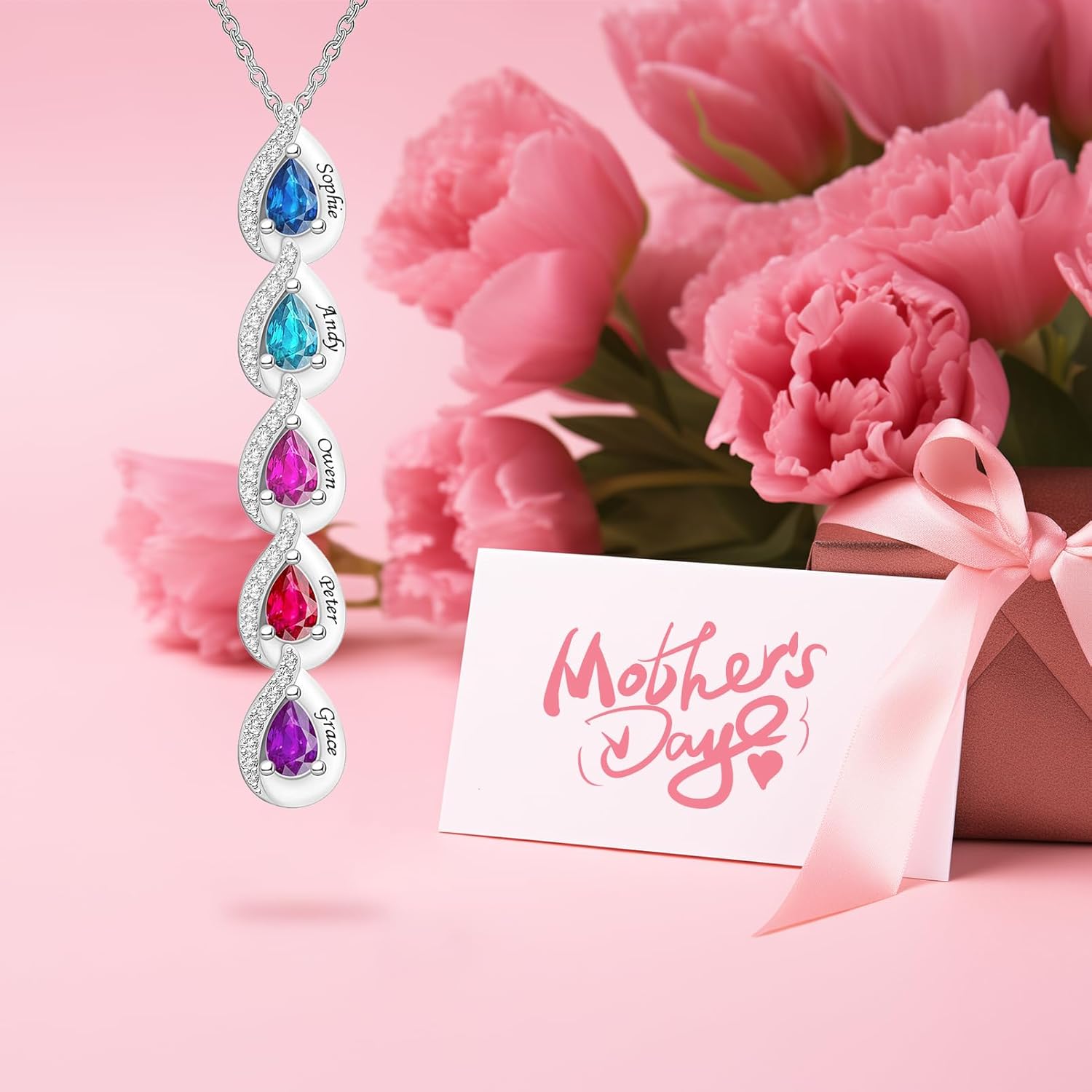 Custom Pendant Necklace with 1-5 Birthstones and Names Personalized Mothers Necklace for Women Drop-shaped Necklace for Mother