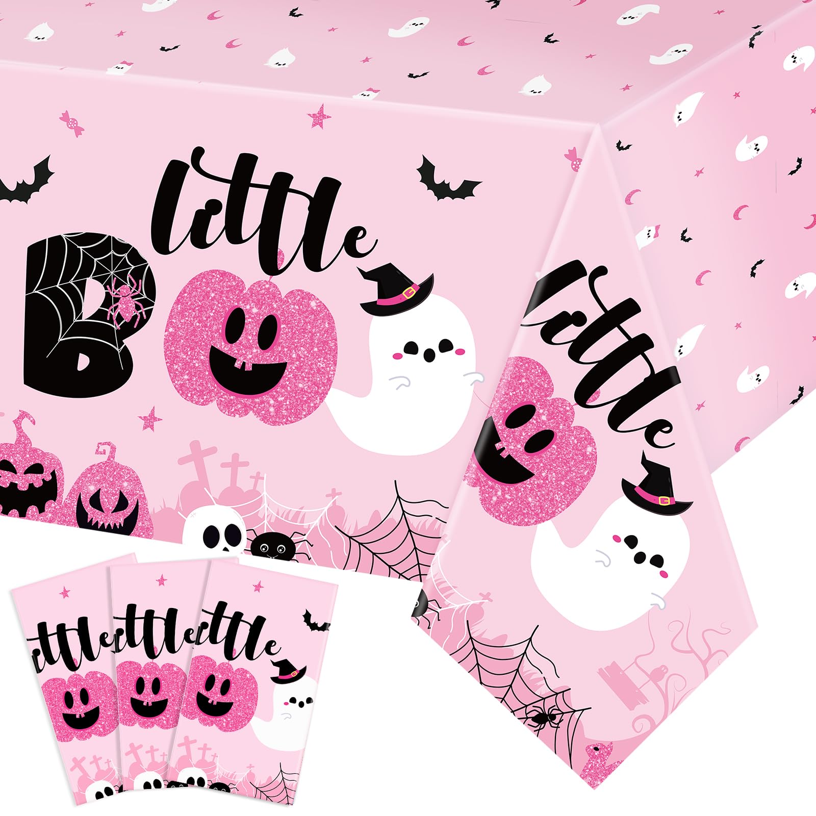 Sliner 3 Pack Pink Halloween Tablecloths - Girl Little Boo Table Covers 108 x 54 Inch Pumpkins Ghost Plastic Table Cloths for Dinner Party Supplies