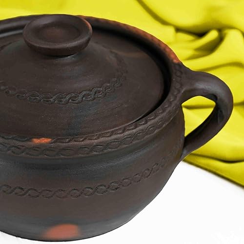 Miniatura 4 de Olla de cocina primitiva oscura flameada de viento alto con asas, grabada a mano, hecha de arcilla de fuego: diseño compacto para estufa y fuego