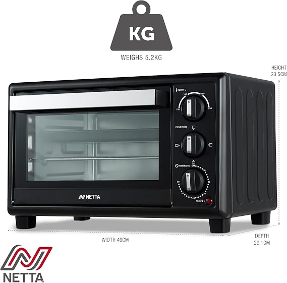 NETTA 20L Mini Oven & Electric Grill - Portable Table Top Cooker with 60-Minute Timer & Adjustable Temperature - 1380W Countertop Oven with Baking Tray & Rack - Compact Electric Oven - Black