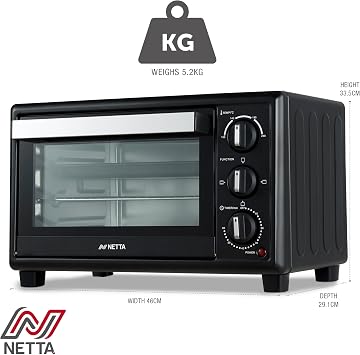 NETTA 20L Mini Oven & Electric Grill - Portable Table Top Cooker with 60-Minute Timer & Adjustable Temperature - 1380W Countertop Oven with Baking Tray & Rack - Compact Electric Oven - Black