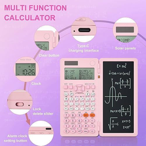 Miniatura 3 de Calculadoras científicas, calculadora de funciones Rudnia Pink Solar 417 con reloj, calculadora de matemáticas, suministros escolares para
