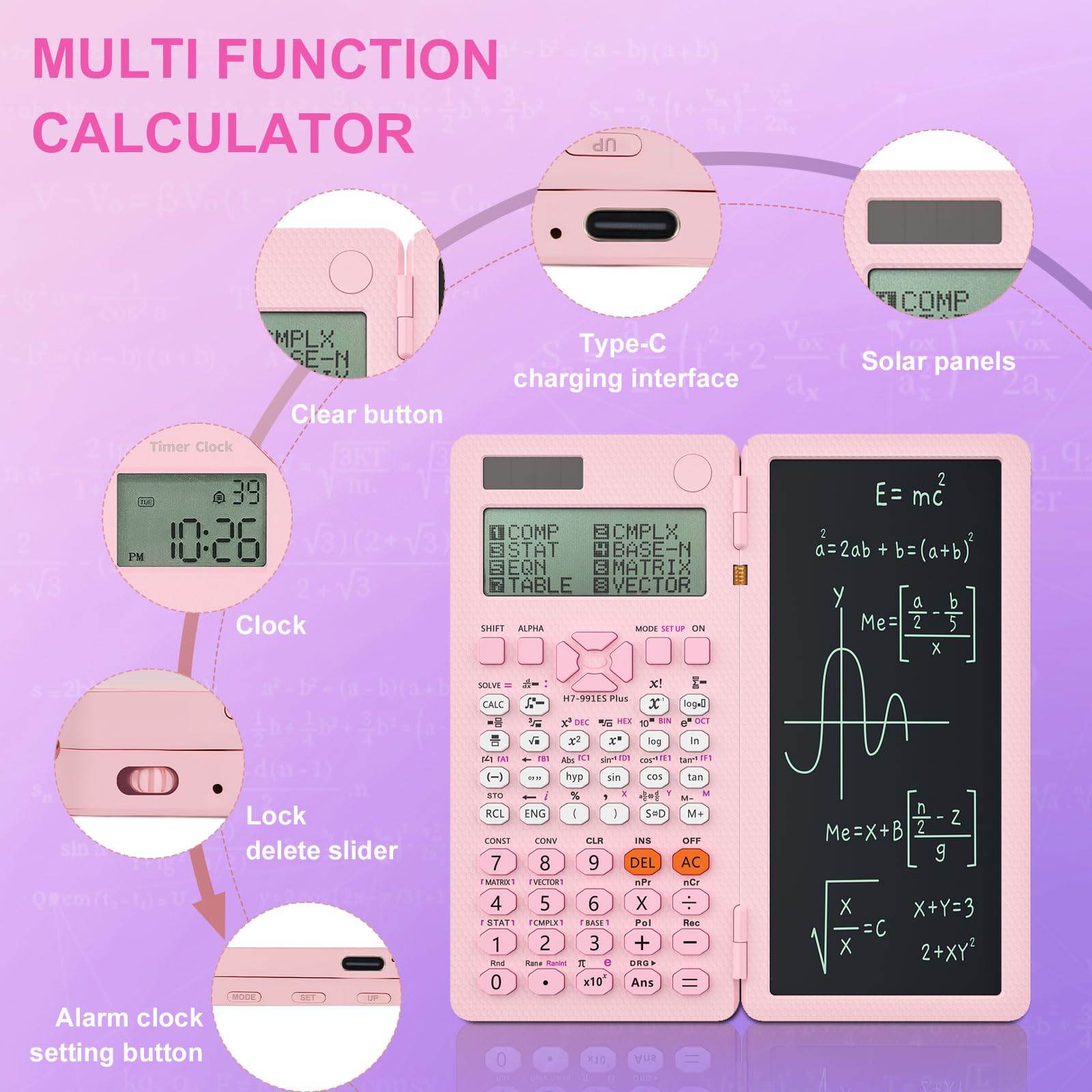 Calculatrice scientifique solaire 417 fonctions avec horloge, calculatrice mathématique, fournitures scolaires pour étudiants du collège et du lycée (rose)