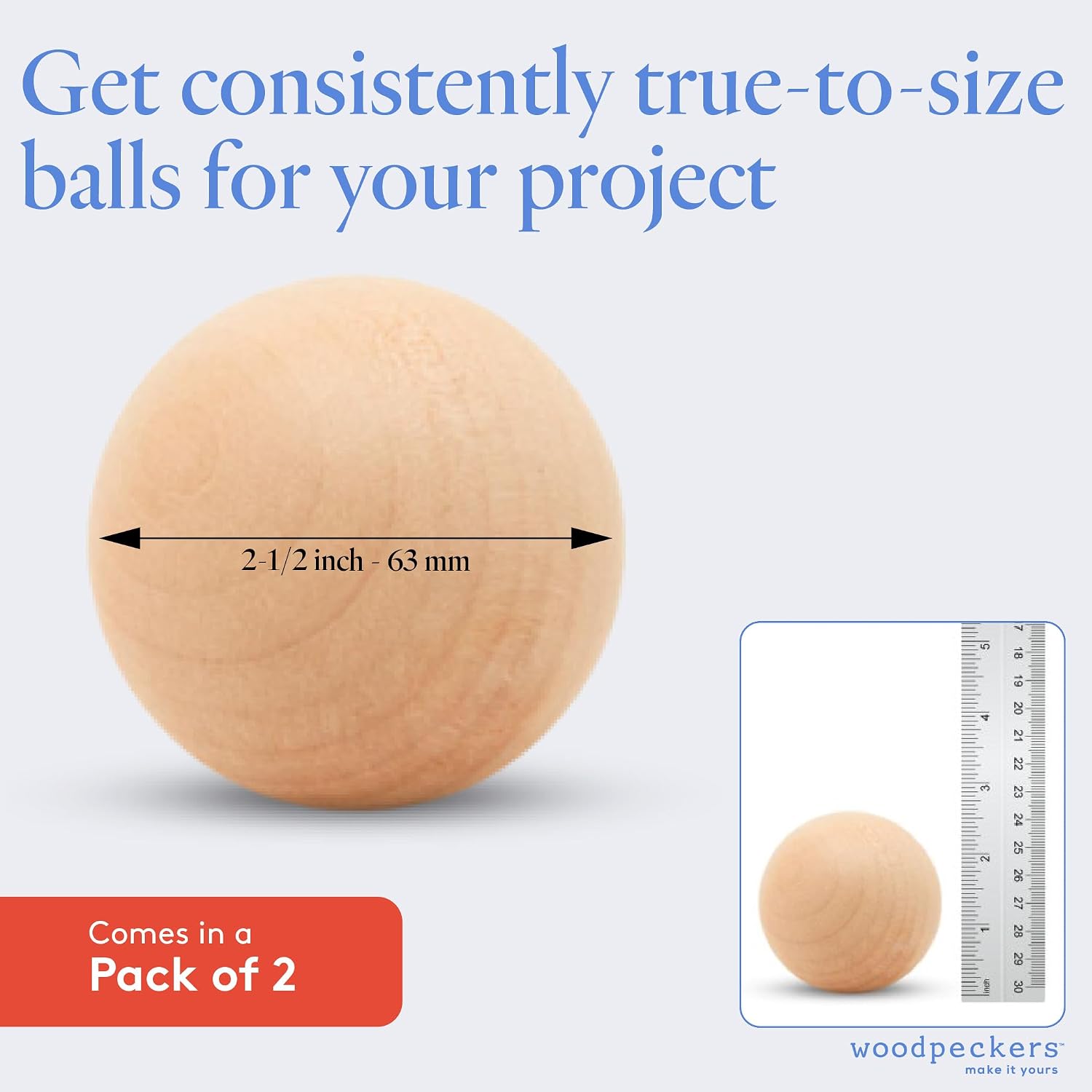 2-1/2 inch Wooden Balls, Bag of 2 Unfinished Natural Hardwood Wooden Balls for Crafts and DIY Projects (2-1/2 inch Birch Spheres) by Woodpeckers