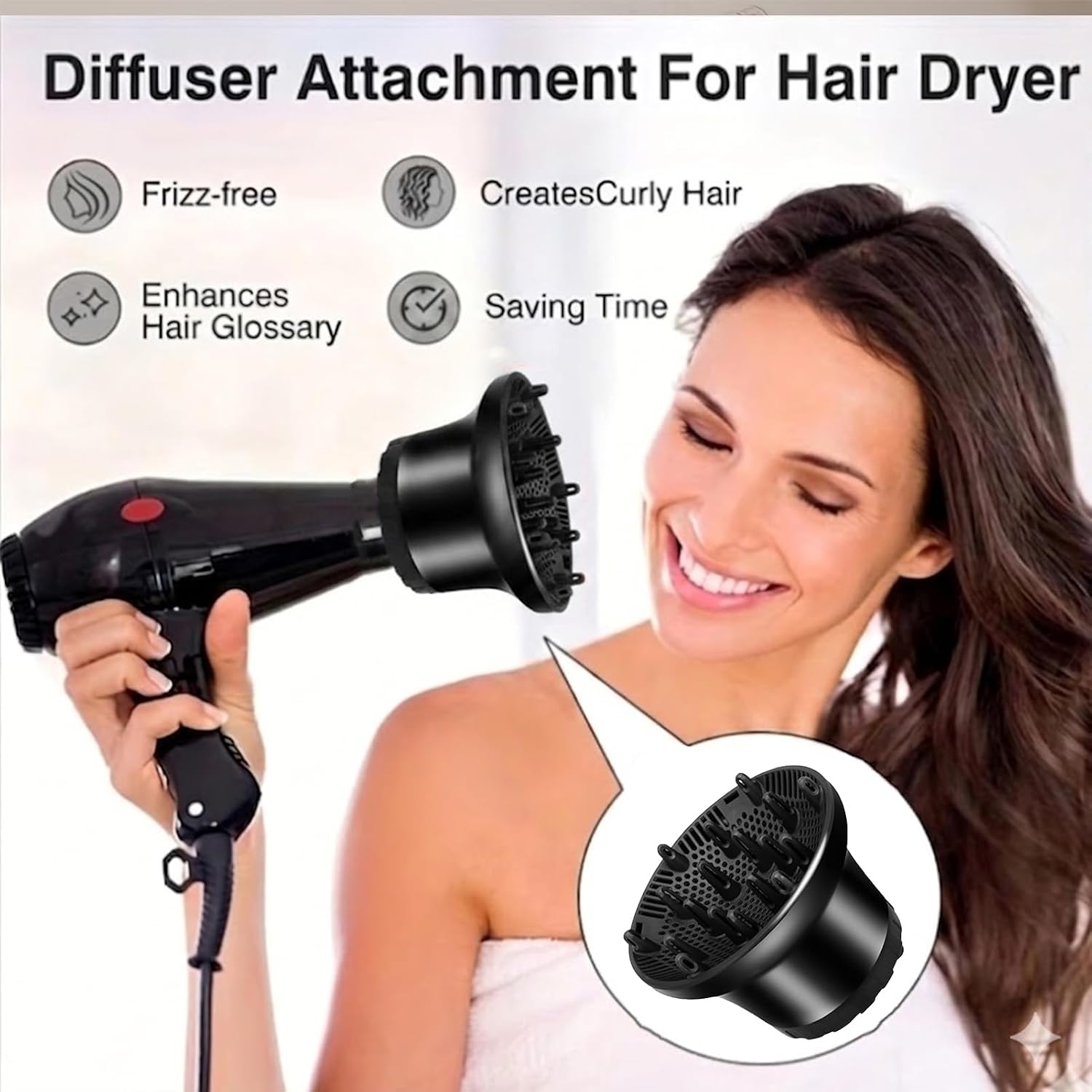 Universal Hair Dryer Diffuser, Blow Dryer Nozzle Hair Dryer-Attachment for Curly-Hair and Natural Wavy-Hair, Quick Drying Travel Hair-Styling Tools, Adjustable from 1.4-inch to 2.6-inch(black)