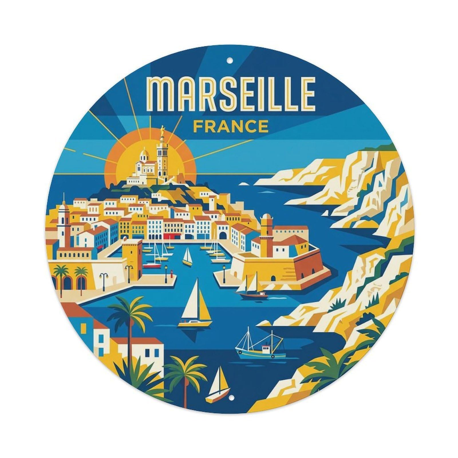 France Retro Travel Marseille Vintage Metal Tin Sign Plaque Wall Decor for Cafe, Club Bar, Office, Garden Metal Poster 8x8Inch