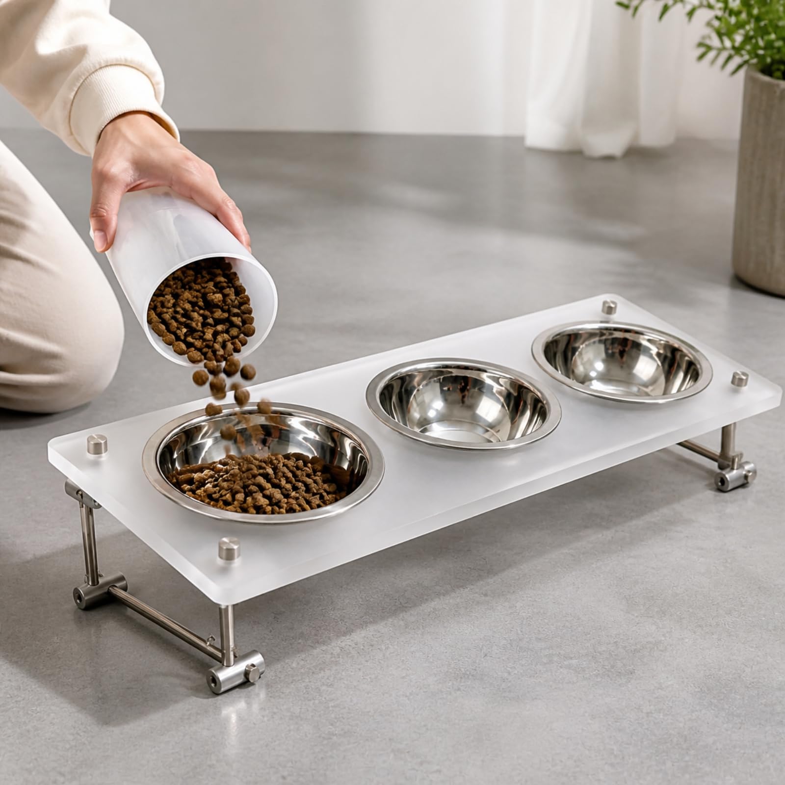Stabil Futternapf mit Erhöhung | Hundenapfstation mit Metallgestell, ergonomisch, Futterstation 3 Schüsseln, für Küche, Wohnbereich, Katzen
