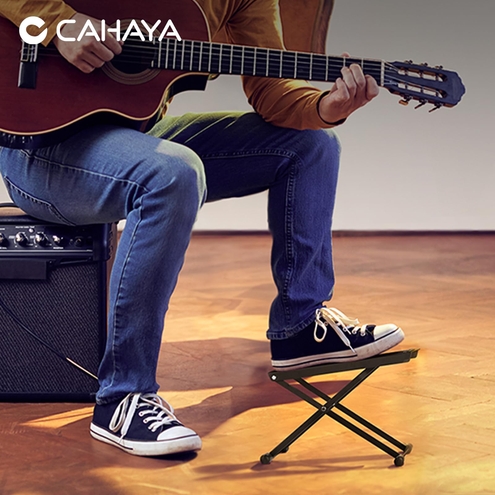 CAHAYA Gitarren Fußbank 6-fach höhenverstellbar – Stabiler Fußhocker für Gitarristen mit rutschfester Gummimatte, Faltbar und Tragbar Fußstütze, Maximale Belastung 70 kg, Modell