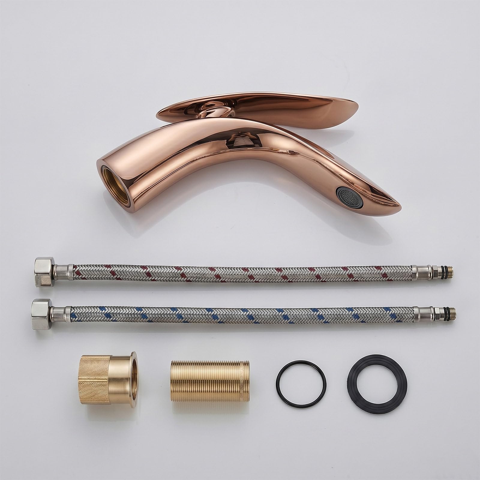 Elegancka bateria łazienkowa, jednouchwytowa bateria umywalkowa do zabudowy, z litego mosiądzu i wkładu ceramicznego, niska konstrukcja z liśćmi wierzbowymi, ciepła i zimna woda, węże w