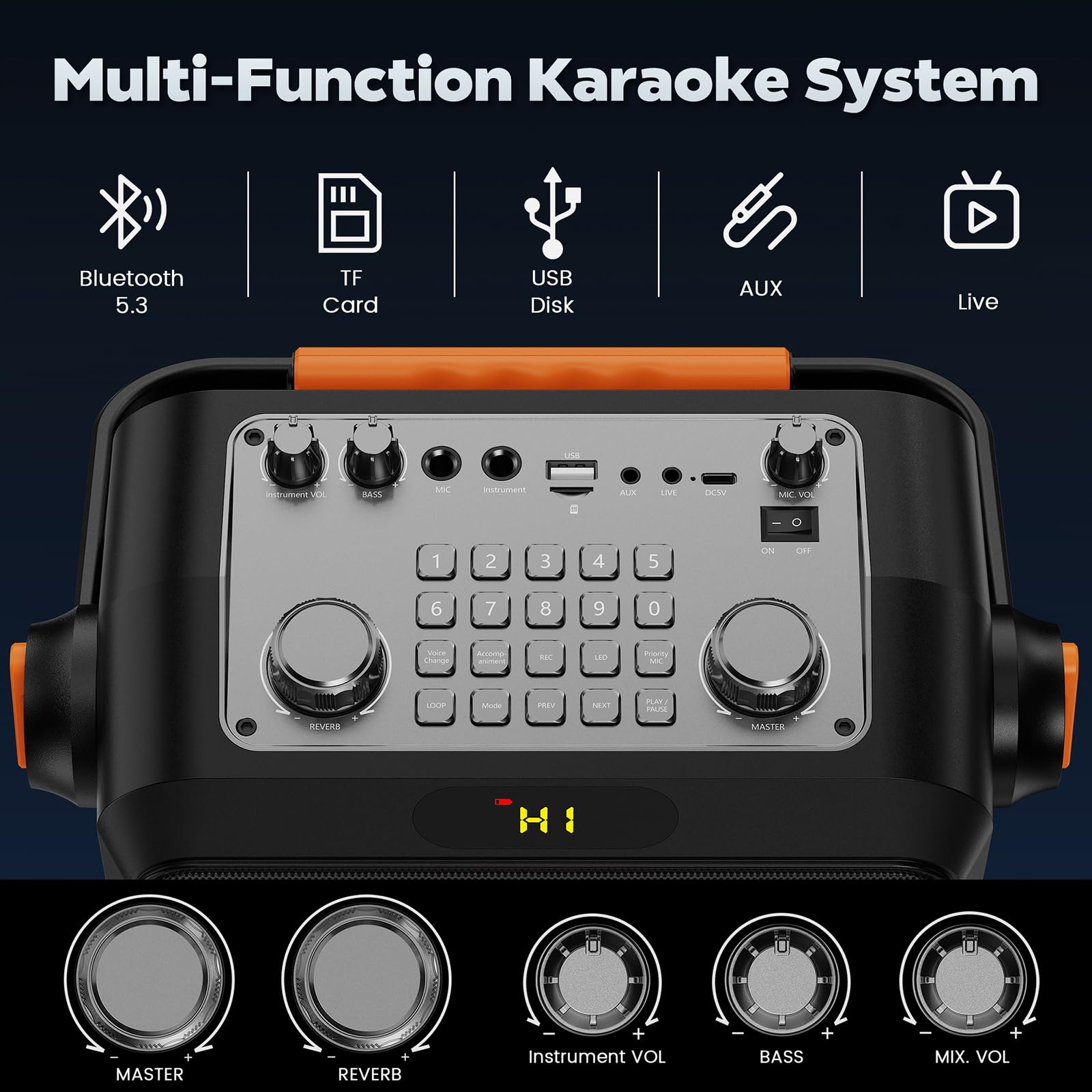 JYX Karaoke Anlage mit 2 Mikrofonen, Karaoke Maschine & tragbare Karaoke-Box mit Bluetooth 5.3, Bass- & Echo-Regler, TWS, USB, AUX, TF-Karte, für Partys und Outdoor, für Erwachsene und Kinde