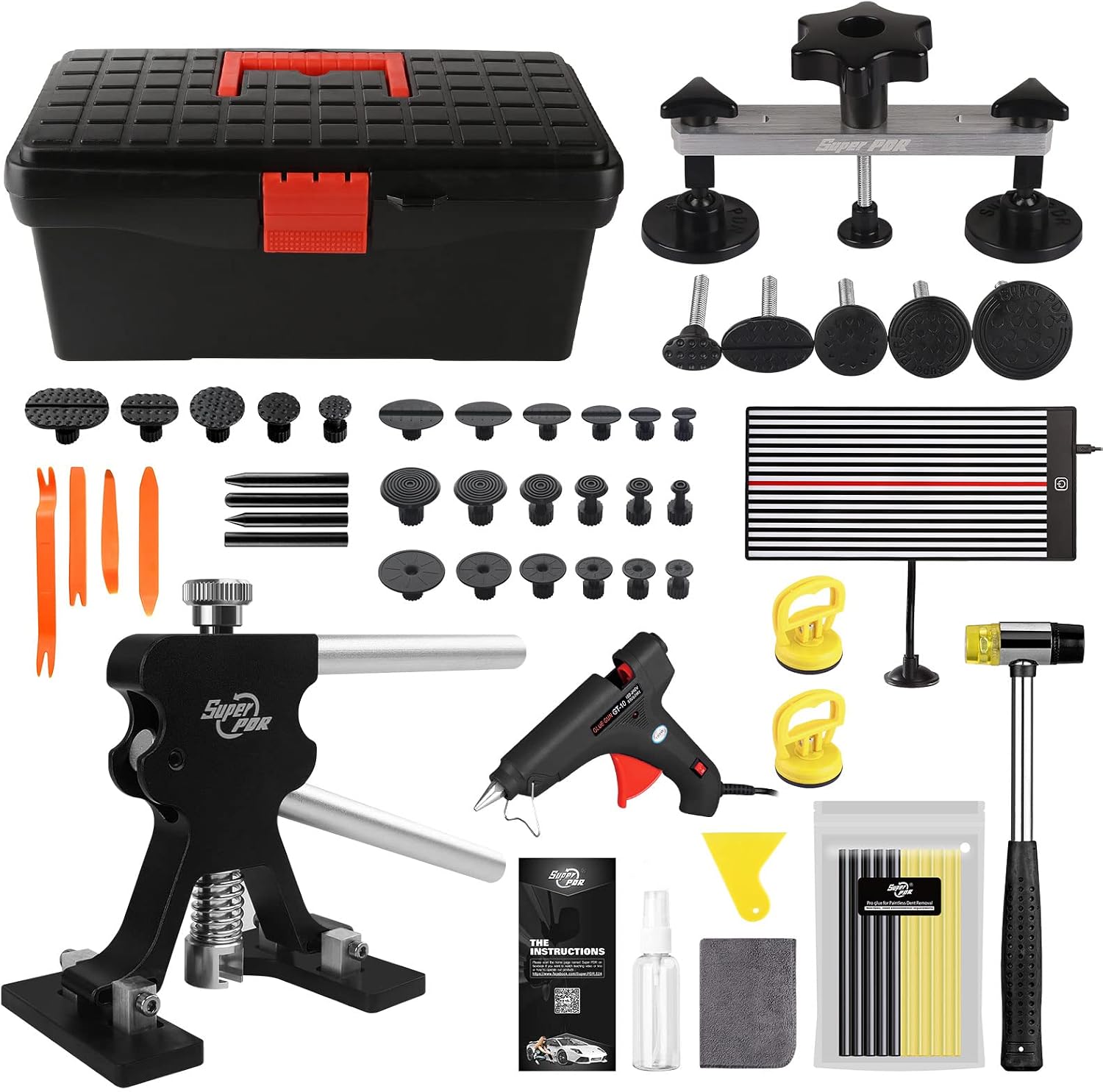 Super PDR Dent Puller Kit, Car Dent Removal Kit with Dent Puller, 100W Glue Gun and LED Lined Dent Board, Paintless Dent Repair Tools for Dent