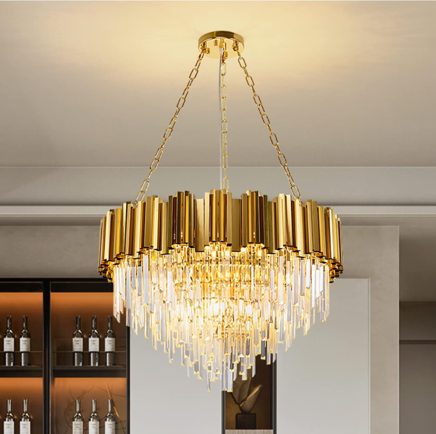 WABON Modern K9 Crystal Pendant Lighting, D28'' Round Gold Crystal Chandelier Contemporary Luxury Pendant Ceiling Lighting Fixture for Dining Living Room Kitchen Island Bedroom Foyer Hallway