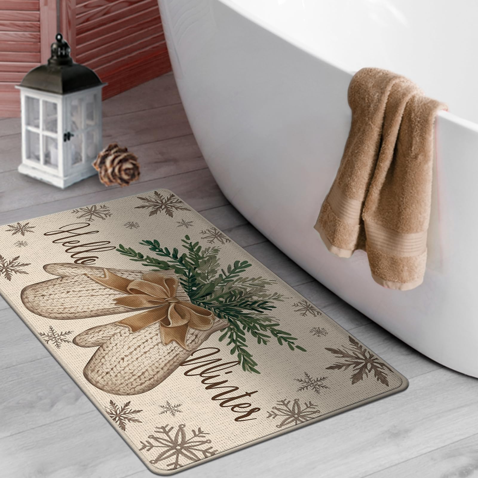 Hello Winter Mitten Decorative Front Door Mat, Pine Needle Snowflake Doormat Indoor Outdoor Non-Slip Floor Entryway Rug, Christmas Seasonal Home Kitchen Decoration 17x29 Inch