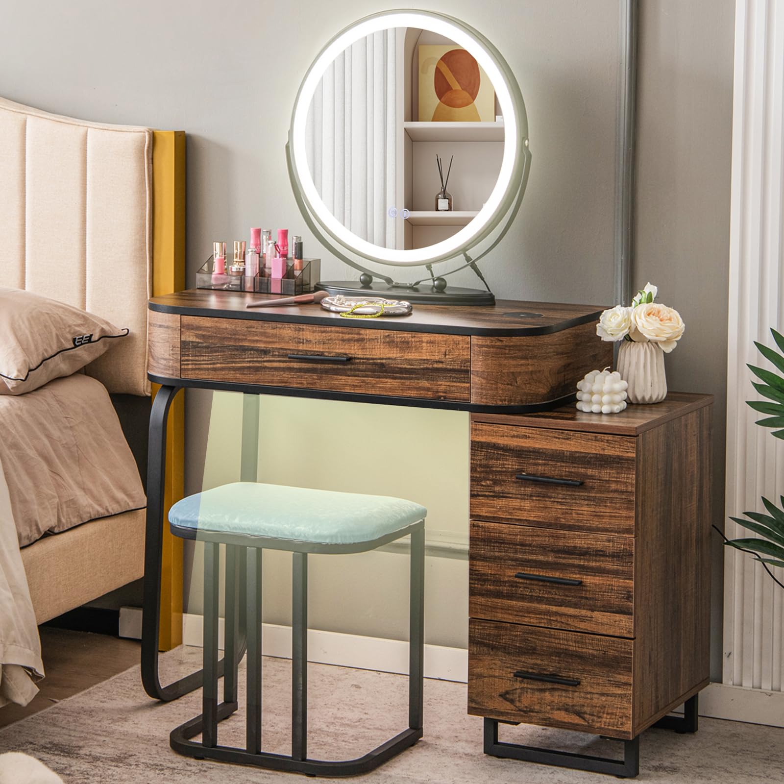 CHARMAID Makeup Vanity Table with Lights, Vanity Desk with 3 Color Lighted Mirror, Adjustable Brightness, Human Body Induction, 4 Storage Drawers, Dressing Table with Stool for Bedroom, Rustic Brown