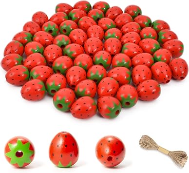 Strawberry Wood Beads Round Ball Wooden Loose Beads Spacer Beads for Craft-Making 60pcs 0.9 * 0.8inch