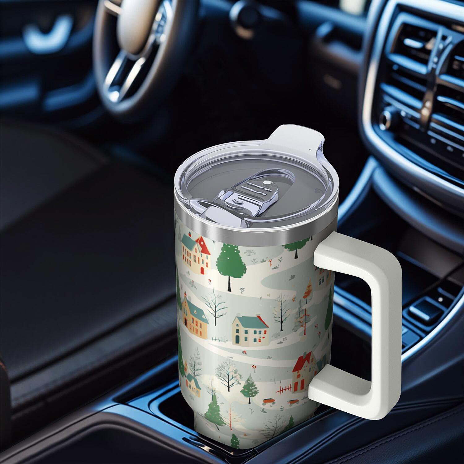 40oz Winter Village Tumbler with Handle and Straw,Cute Snowy Town Insulated Mug, Holiday Christmas Gift for Winter Style Lovers image 5