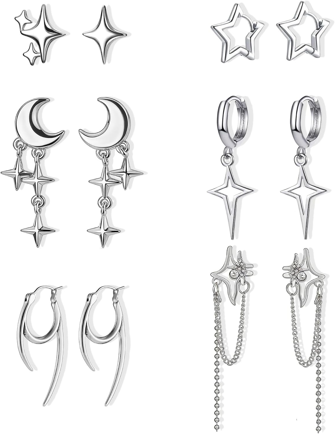 Y2k Star Earrings For Women Men Silver Goth Gothic Grunge Spike Emo Punk Tassel Chain Drop Stud Retro Hypoallergenic Earrings 6 Pairs