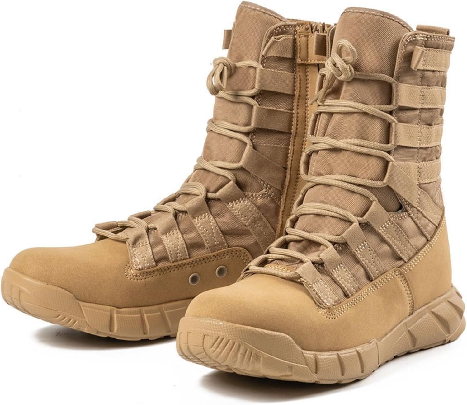 Men's Leather High Top Lace Up Military Tactical Boots With Side Zipper Lightweight Non-Slip Rubber Outsole Desert Combat Boots For Backpacking Travel Army Jungle Hunting