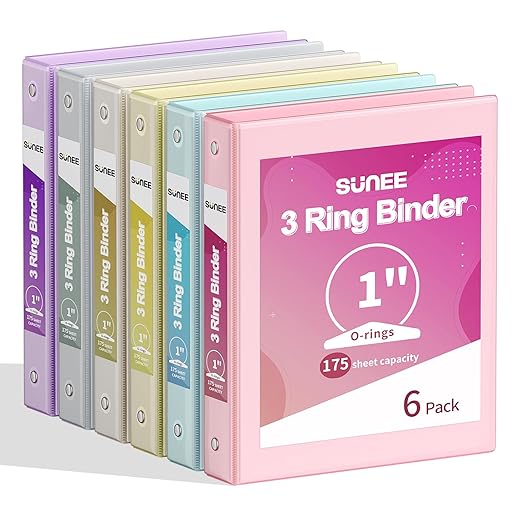 SUNEE 1 Inch Binders 3 Ring 6 Pack, Clear View Three Ring Binders PVC-Free (Fit 8.5x11 Inches) for School or Office Supplies, Pastel Binder