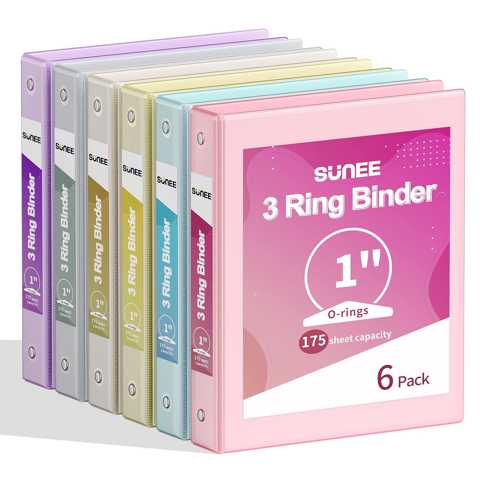 SUNEE 1 Inch Binders 3 Ring 6 Pack, Clear View Three Ring Binders PVC-Free (Fit 8.5x11 Inches) for School or Office Supplies, Pastel Binder