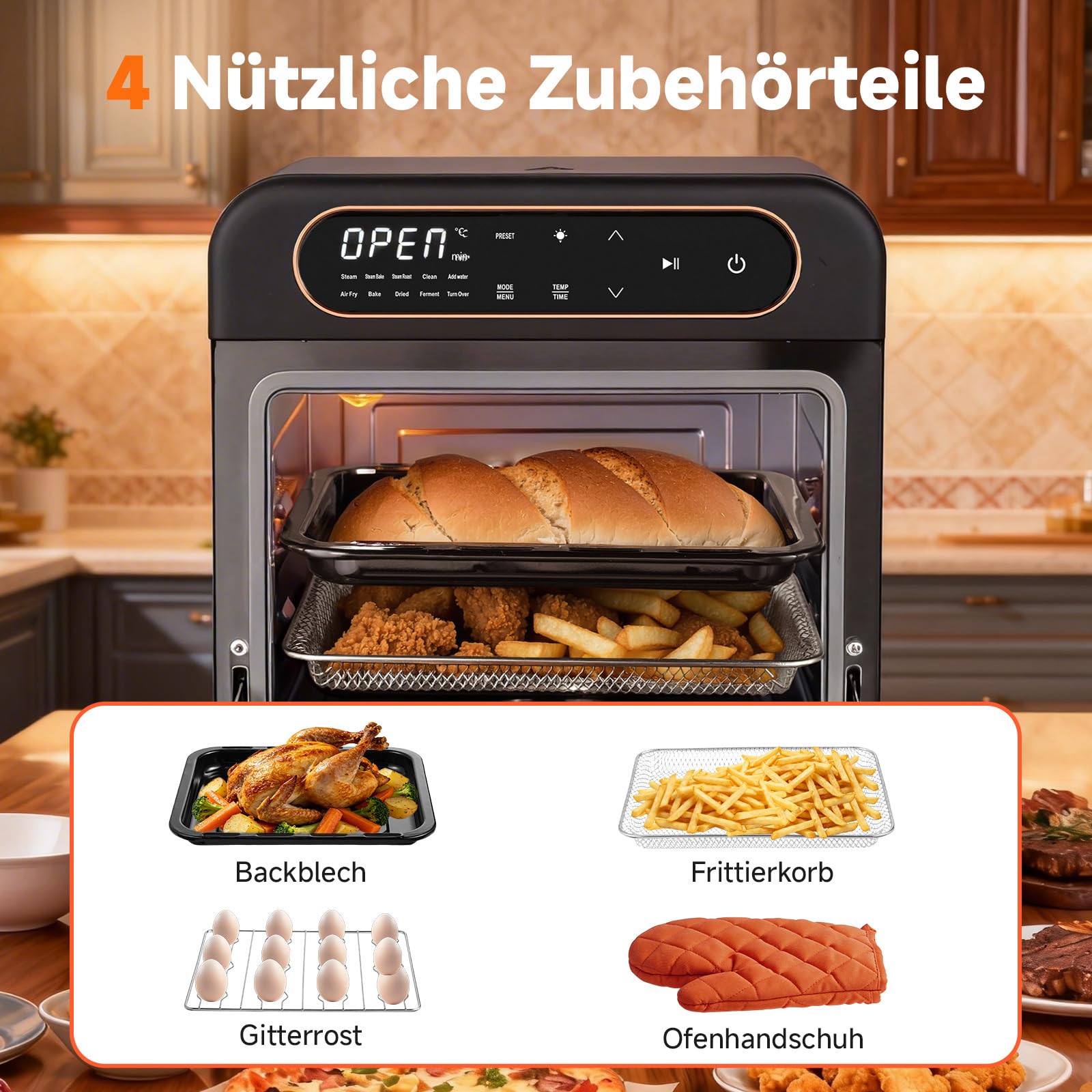 OUNIN 12L Multifunktionsbackofen, 8-in-1 Dampfbackofen und Heißluftfritteuse, Zweigaren, 360° Umluft, 1100W, Geeignet für Schweinehaxe, Bratwurst, Brathähnchen, Brotbacken, Fleisch und Gemüsedämpfen