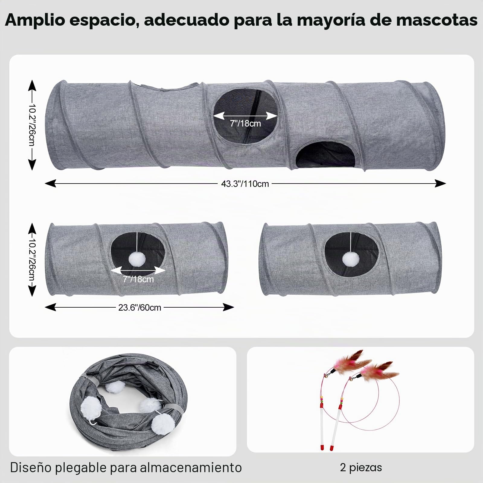 Túnel para gatos, 3 túneles de forma recta, 6 formas de bricolaje con juguetes de varita, sin ruido, resistente a los arañazos, tela de lino fresco, tubo interactivo para gatos de interior, cachorros