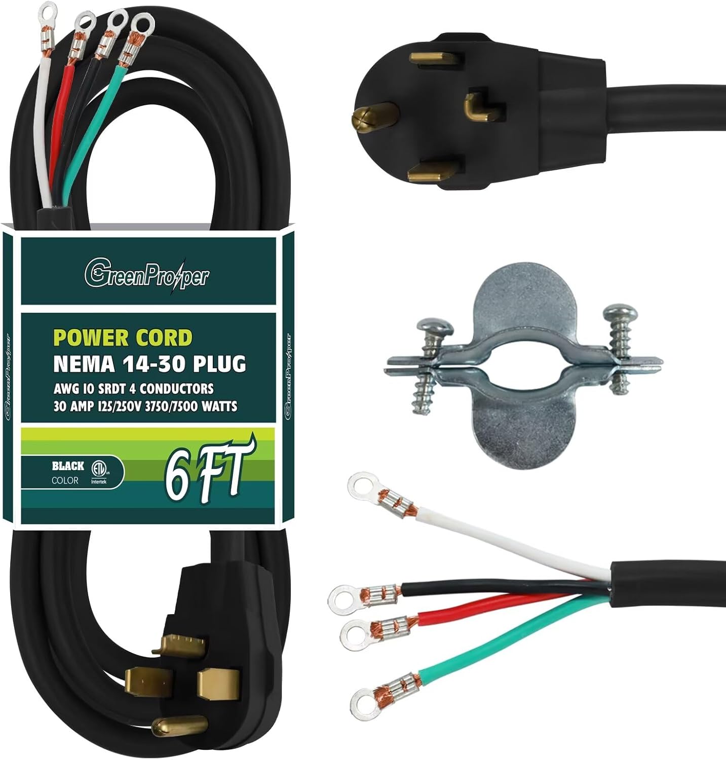 30 Amp 4 Prong Dryer Cord 6 FT Black, 10/4 Gauge Appliance Dryer Power Cord NEMA 14-30P to 4-Wire, Pure Copper Wire, ETL Listed