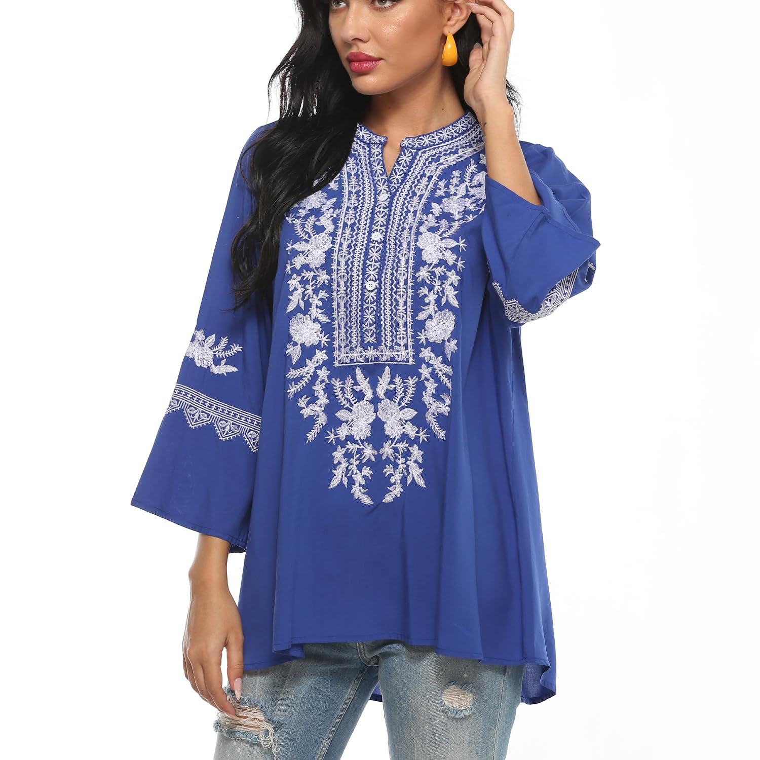 Blusa de verano para mujer, estilo bohemio, bordado mexicano, cuello en V, manga corta, estilo bohemio, túnica, folklore hippie