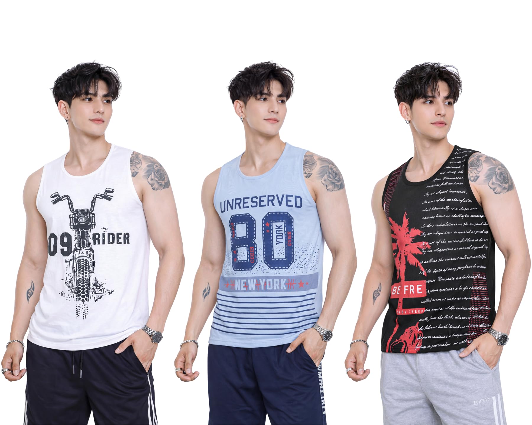 s.l. madhok Men's Printed Sleeveless T Shirt Combo | Round Neck Trendy Casual Running Workout Sleeveless Vest for Gym Wear (Pack of 3)-picture-40