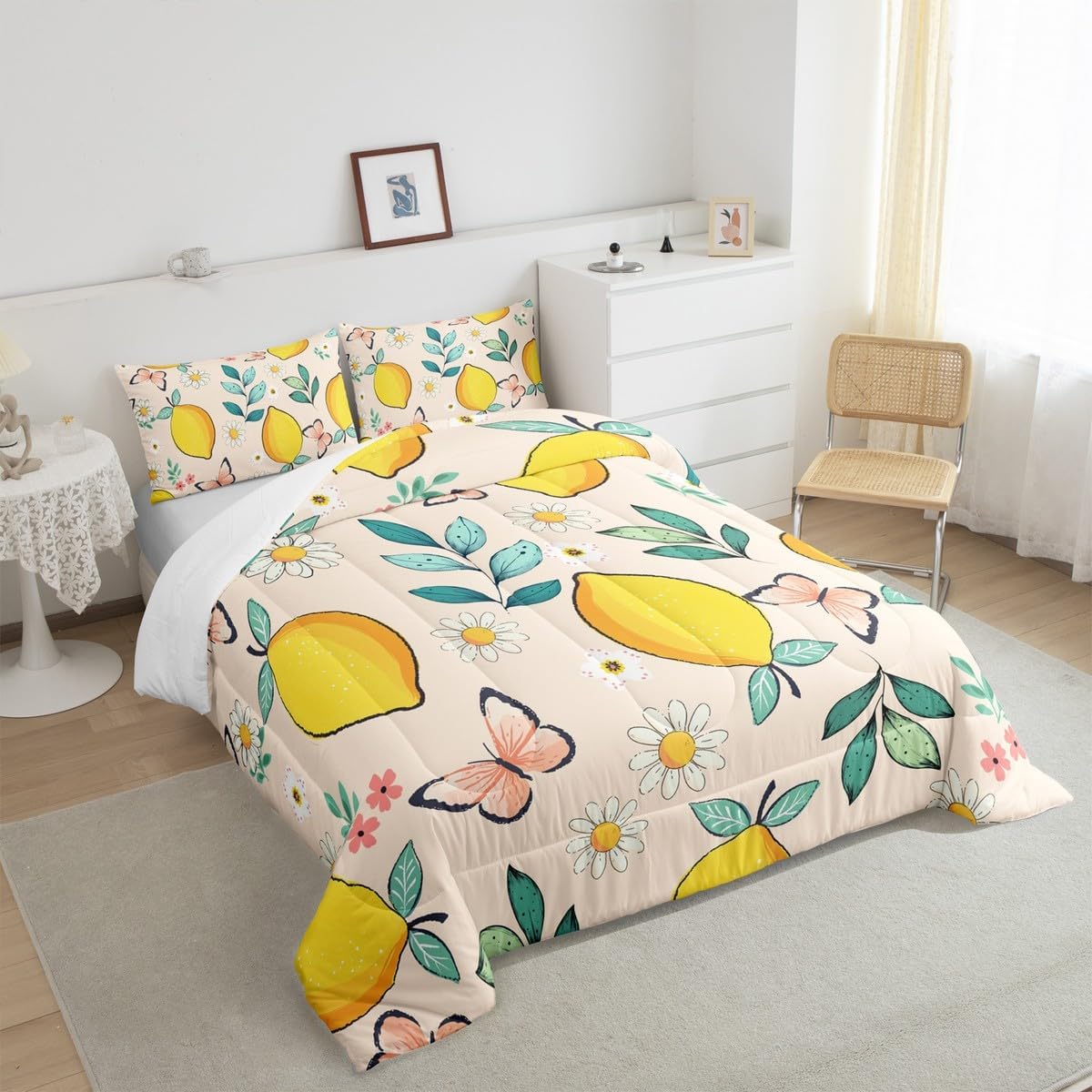 Cartoon Lemons Kids Comforter Set Twin Size,Daisy Flowers Butterfly Rustic Bedding Set,Girls Boys Adults Room Decor,Leaves Plants Summer Down Comforter,Colorful Bright Duvet Insert,1 Pillowcase