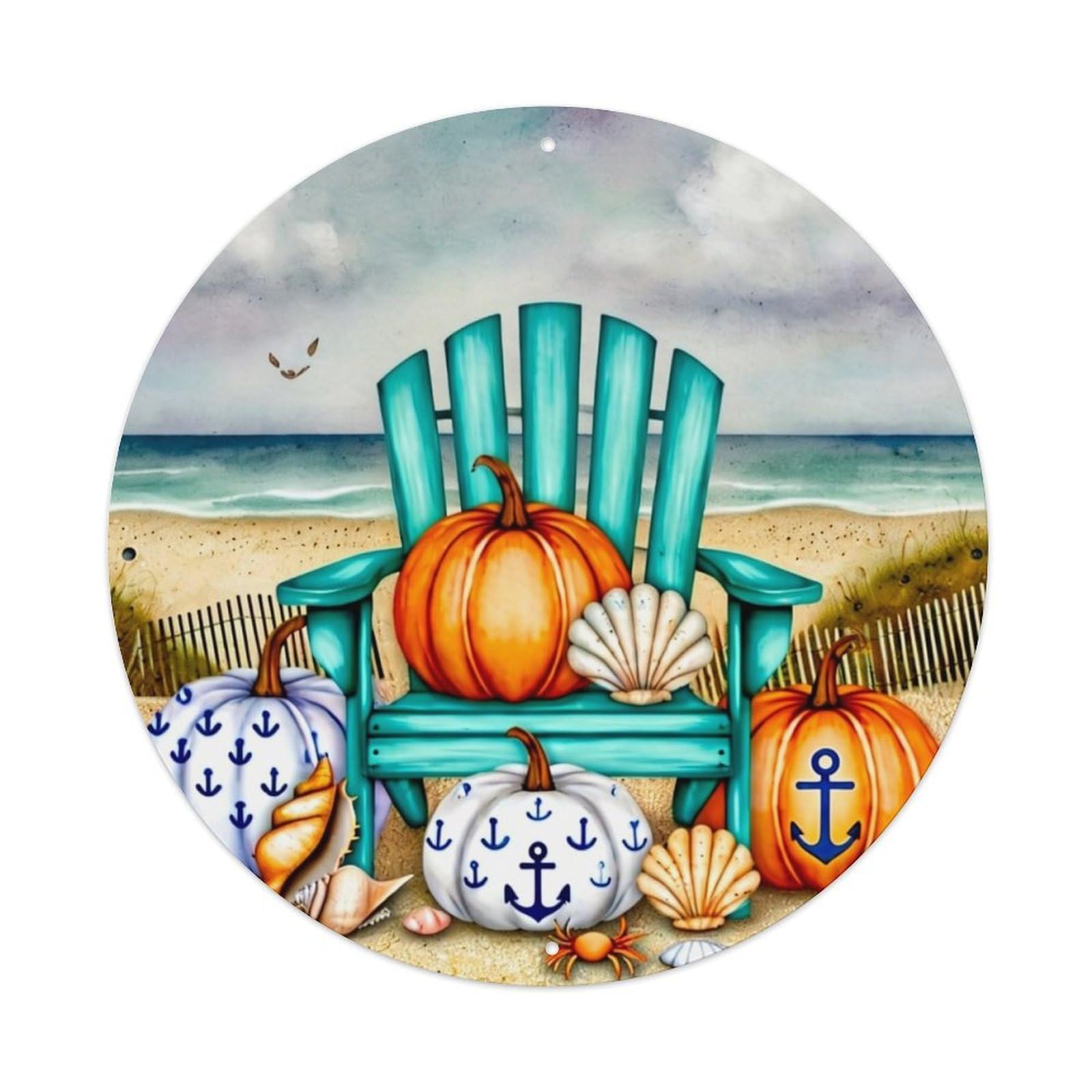 Beach Chair Pumpkins Seashells Anchor Retro Metal Sign Round Tin Sign, Vintage Decor Art Poster for Bar, Home, Man Cave, Kitchen, Laundry Room Gift 8x8Inch