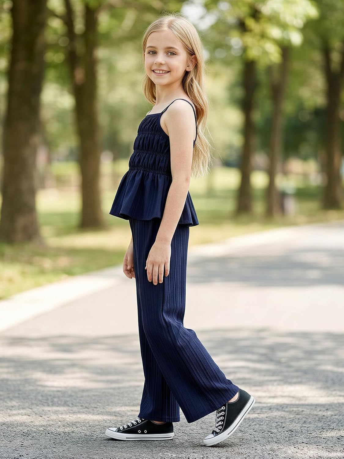 TTYAOVO Girls 2 Piece Summer Outfits Smocked Ruffle Top Wide Leg Pants Set Kids Clothes 5-13 Years