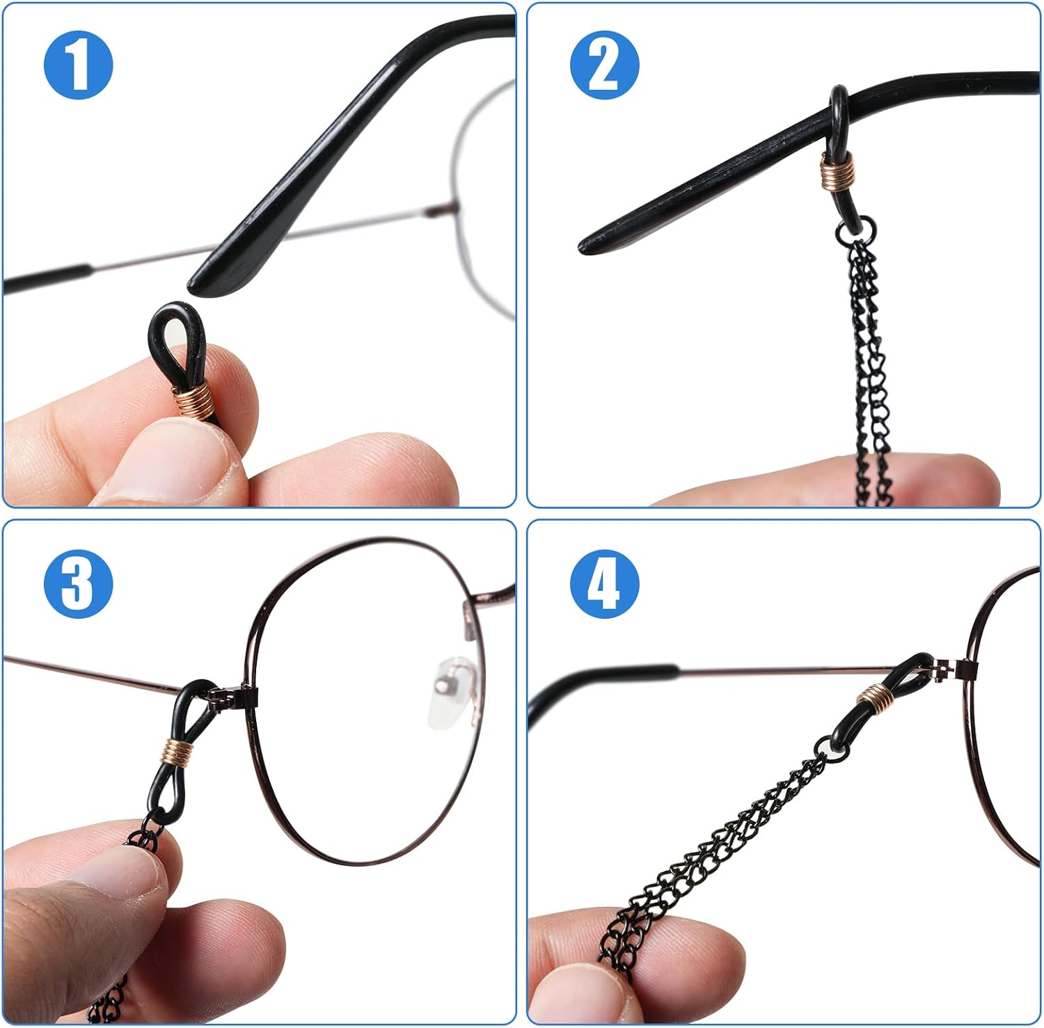 SAMDO 2PCS Gothic Glasses Chain with Spider Bat Cat Moon Lightning Cross Nail Pendants Halloween Metallic Chain