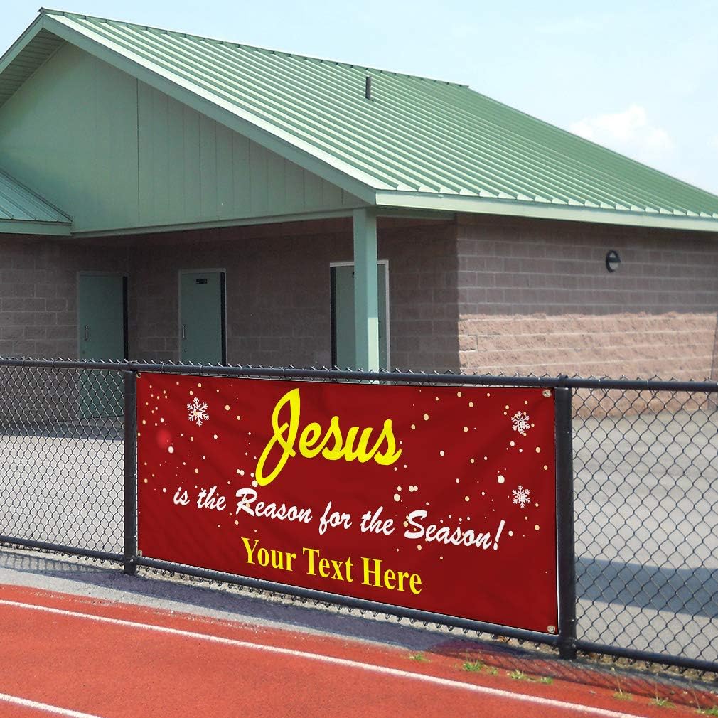 Custom Industrial Vinyl Banner Multiple Sizes Jesus is The Reason for Season B Personalized Text Religions Outdoor Weatherproof Yard Signs Yellow 4 Grommets 16x40Inches