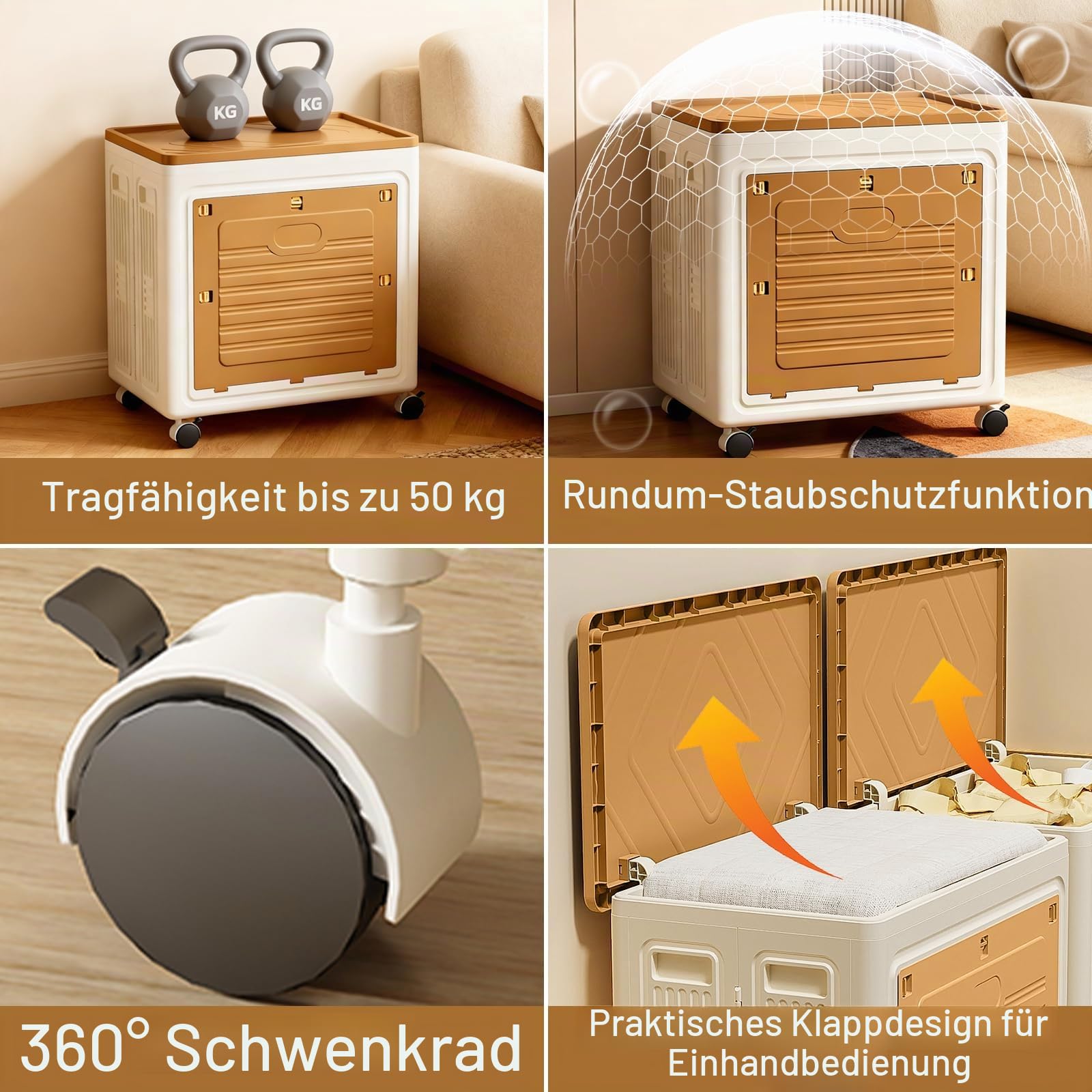 Aufbewahrungsbox mit Deckel Groß, 95L Plastik Ordnungsboxen Kleiderschrank, Stapelbare Kunststoffschrank, Faltbare Aufbewahrungsschrank mit Rollen für Heimspeicher, Büro, 48 x 36 x 56cm, Kaffee