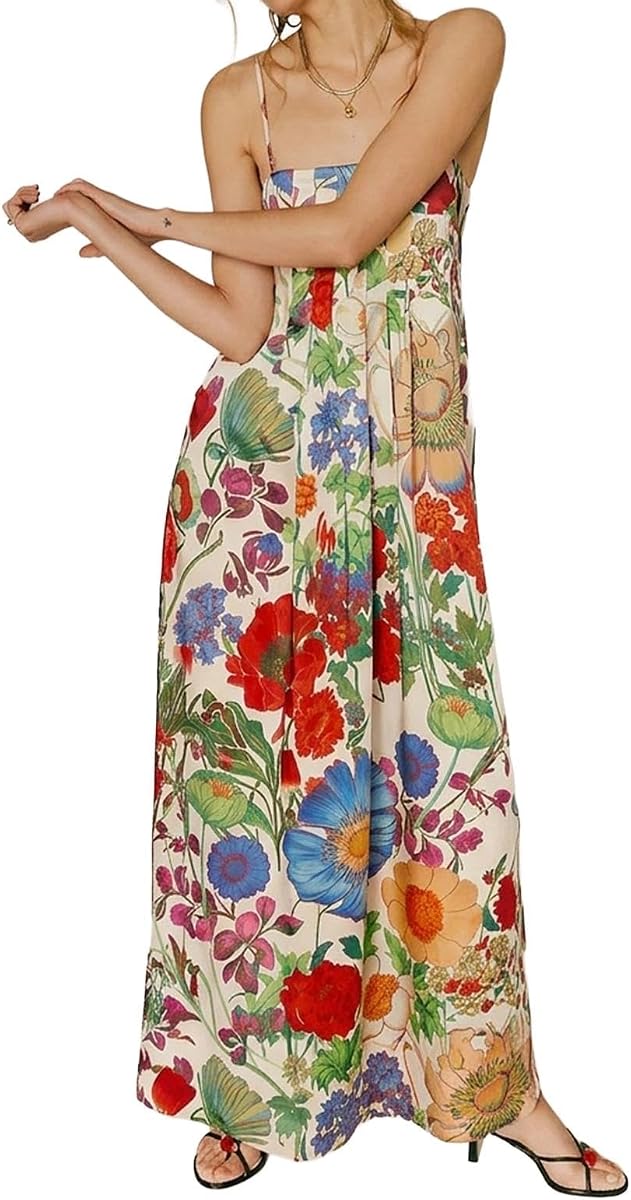 ABYOVRT Vestido largo bohemio floral para mujer, sin espalda, con tirantes finos, línea A, fluido, para vacaciones de verano