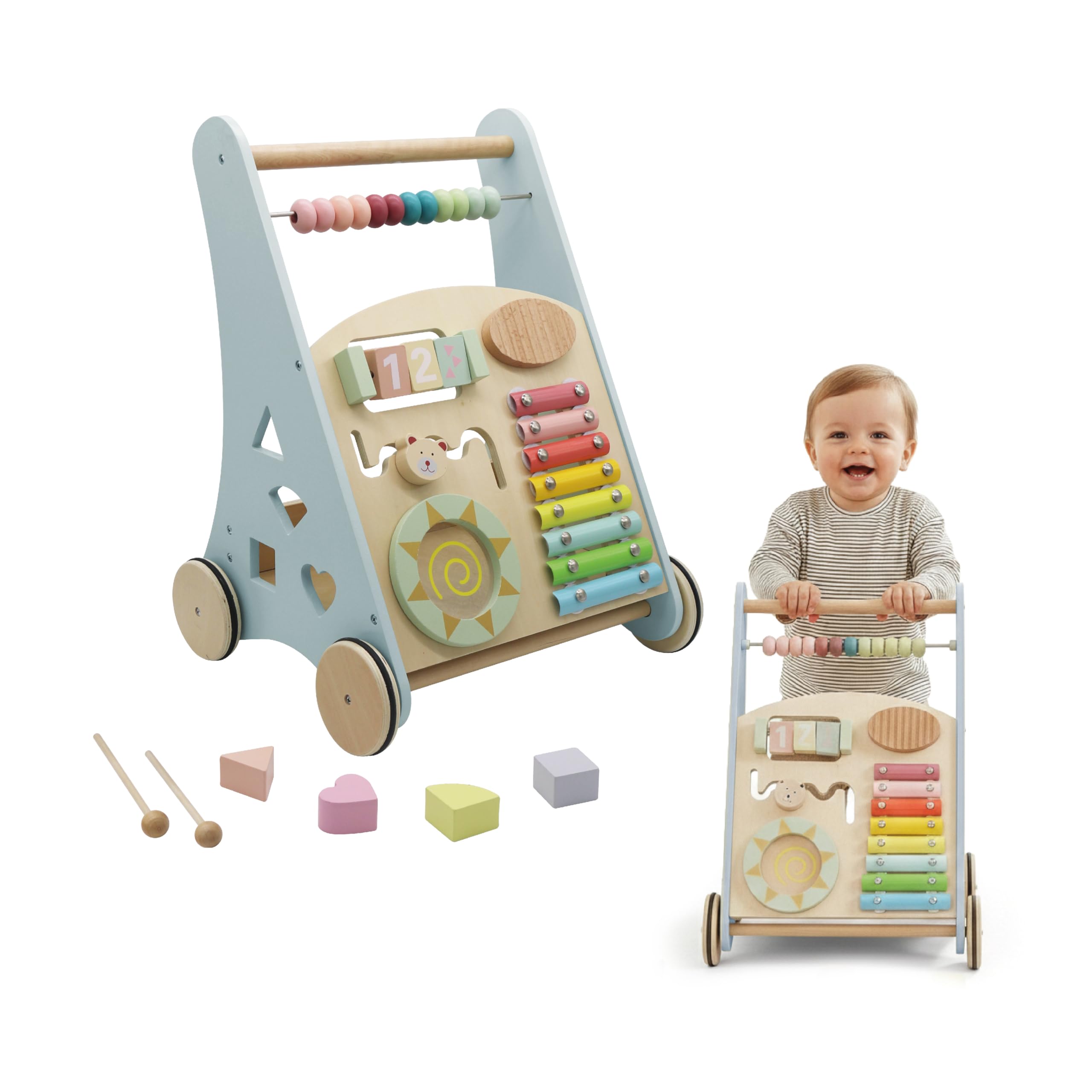 Buddy Baby - Andador de Madera Montessori - Desde 12 meses - Panel interactivo (xilófono, puzzle, espejo, engranajes) - Cajón trasero - Ruedas goma antideslizantes - No daña el suelo