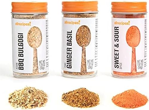 Allrecipes Mezclas de especias asiáticas (barbacoa asiática Bulgogi, agridulce, albahaca de jengibre tailandés) en frascos de vidrio con tapas de