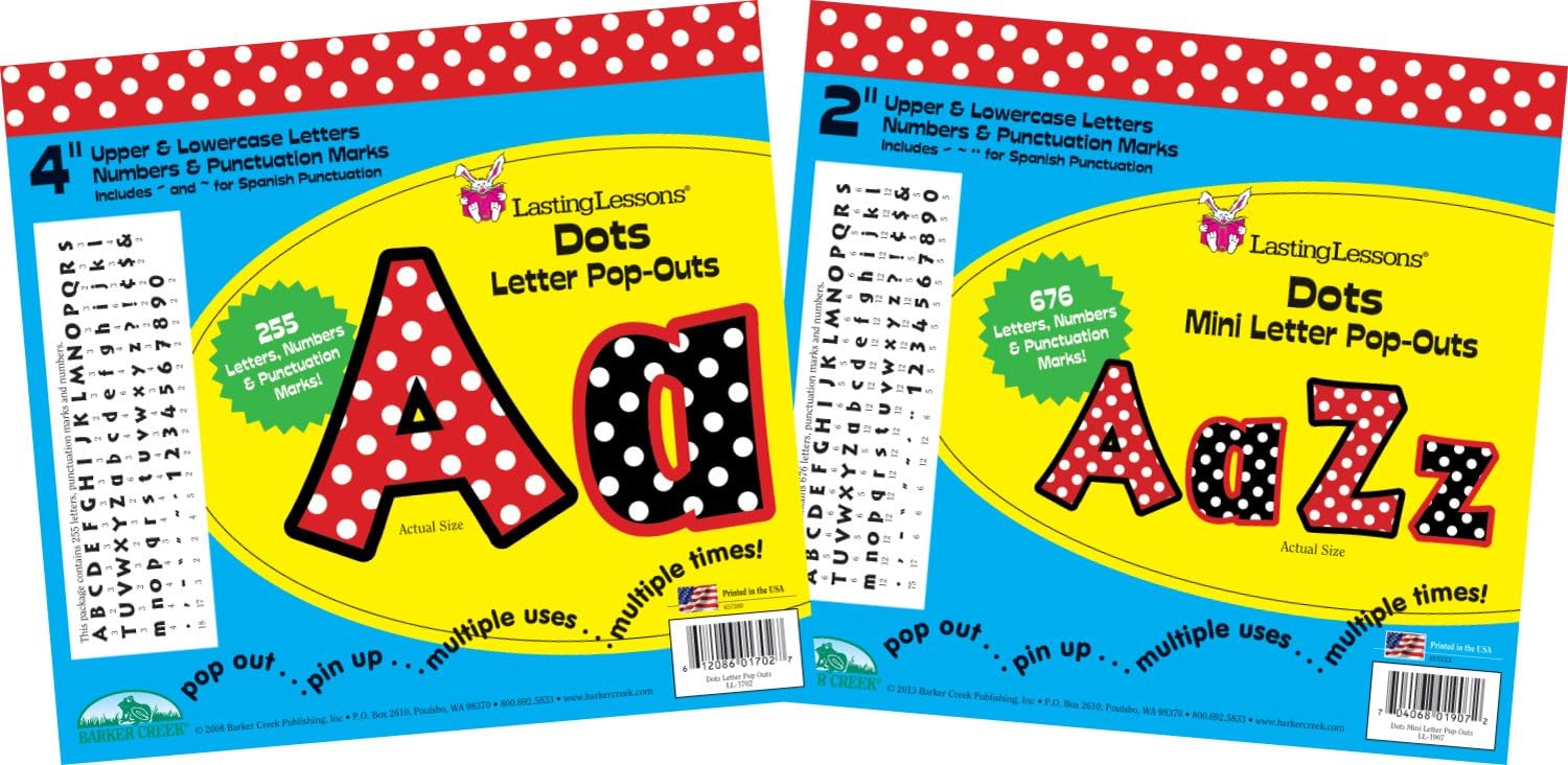 Barker Creek Letter Pop-Out Set, 2" & 4" Dots, Set Includes 255 4" and 676 2" Letters, Numbers & Punctuation Marks, Multicolor Designer Letters, Office, Home and School Décor (3501)