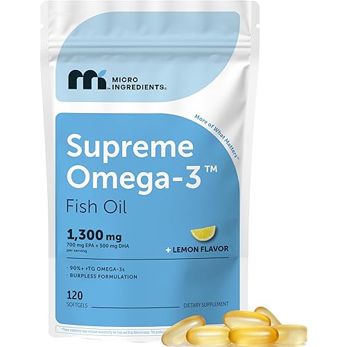 Micro Ingredients Supreme Omega-3 Fish Oil w/Ultra High EPA & DHA, Burpless Softgels | rTG Omega-3 with Vitamin D3 | Wild-Caught Cold Deep-Sea Fish | Lemon Flavor, Easy to Swallow, 120ct